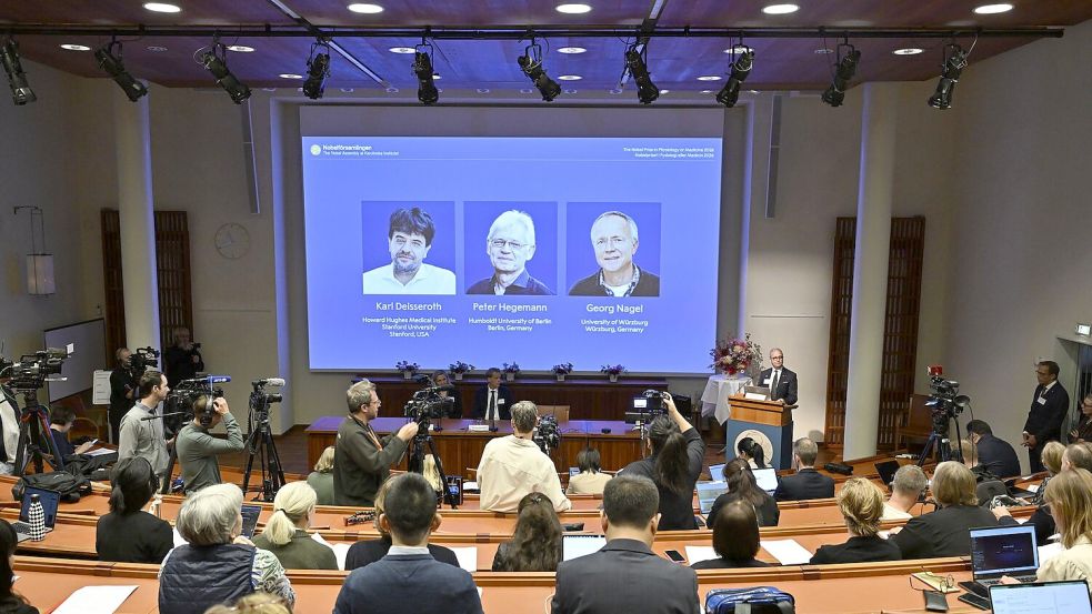 Der Nobelpreis für Medizin geht in diesem Jahr an die beiden Deutschen Peter Hegemann und Georg Nagel sowie den US-Forscher Karl Deisseroth. Foto: Pontus Lundahl/TT News Agency/AP/dpa