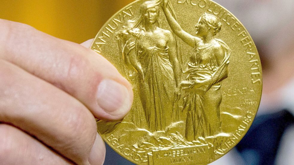 Die Rückseite der Nobel-Medaille für Chemie stellt die Natur in Form einer Göttin dar, die aus den Wolken auftaucht. (Illustration) Foto: Stefanie Loos/AP-Pool/dpa