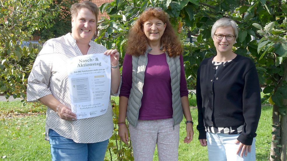 Heike Götze, Edda Smidt und Lena Schönbörn freuen sich auf den Nasch- und Aktionstag, der am Freitag in Potshausen stattfindet. Foto: EBZ Potshausen