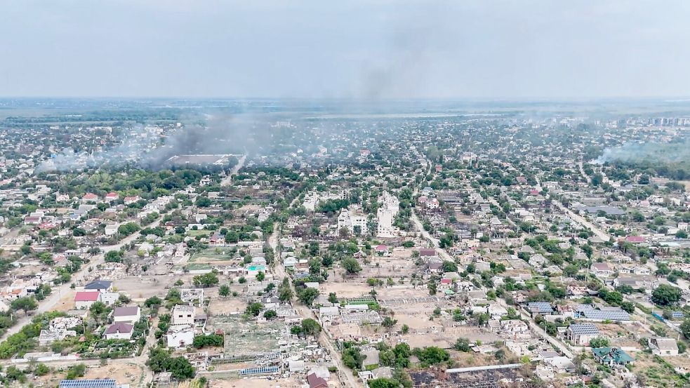 Die seit Monaten abgeriegelte Kleinstadt Oleschky liegt auf russischem Besatzungsgebiet im Süden der Ukraine am Ufer des Dnipro. (Archivbild) Foto: Ukrainian 34th Separate Marine B/Ukrainian 34th Separate Marine Brigade „Borysfen“/AP/dpa