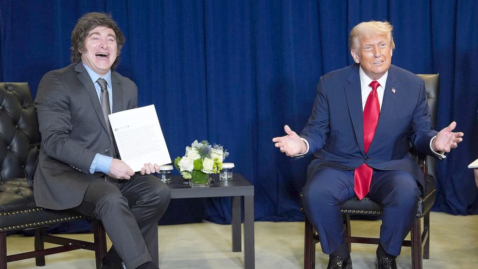 Argentiniens Staatschef Milei und US-Präsident Trump sind Unterstützer der Bolsonaros. (Archivbild) Foto: Evan Vucci/AP/dpa