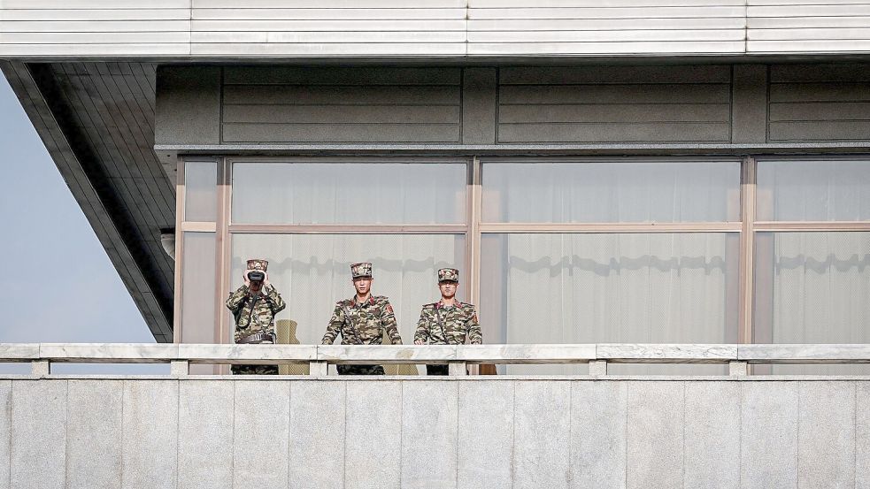 Nordkoreanische Soldaten beobachten Merz. Foto: Kay Nietfeld/dpa